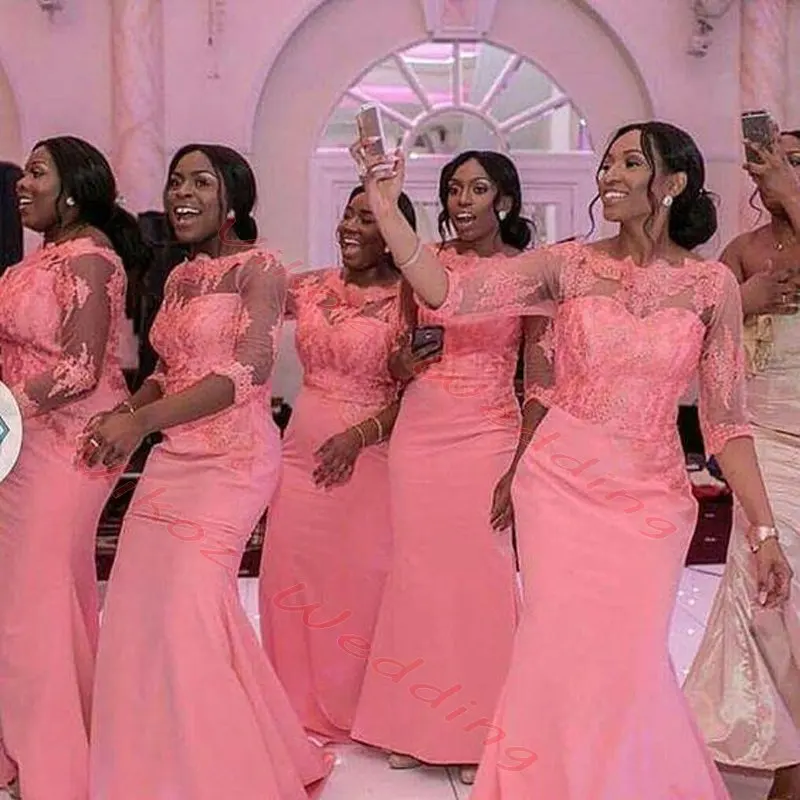 

Elegant Coral Long Bridesmaid Dress Half Sleeves Nigerian Wedding Ceremony Dress Maid of Honor Wedding Party Bridesmaid Dresses