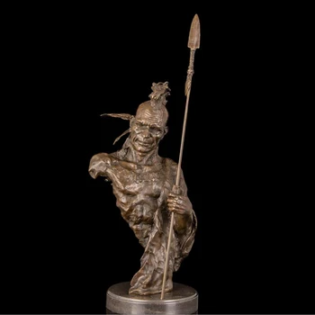 

64 CM Western Art Deco Bronze Red Indian Tribal Chief lance Soldier Sculpture