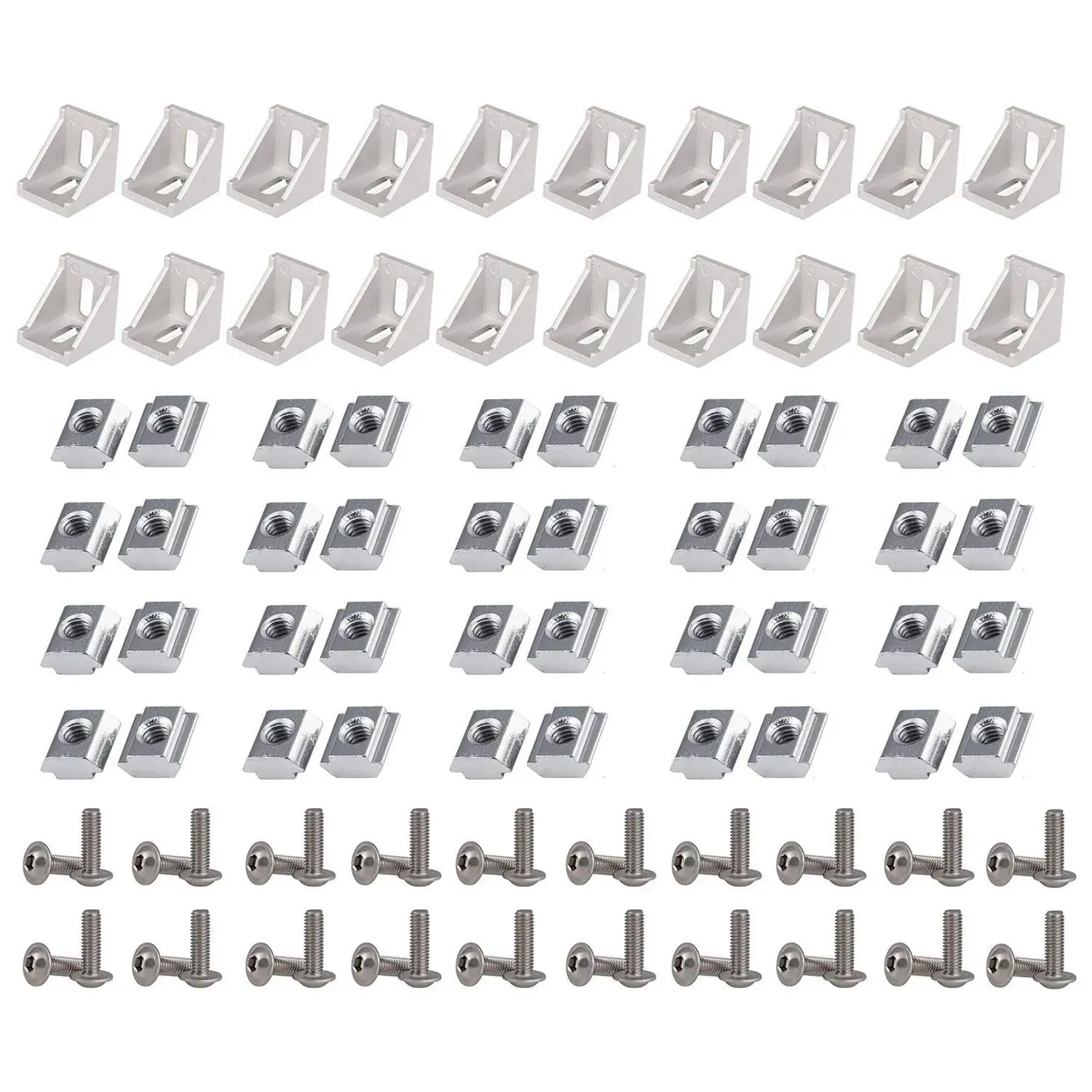 

2020 Series Aluminum Profile Connector Set, 20pcs Corner Bracket,40pcs M5 x 10mm T-slot Nuts, 40pcs M5x10mm Hex Socket Cap