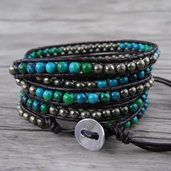 

leather wrap Green beads bracelet chrysocolla beads bracelet Pyrite beads bracelet bohemian yoga jewelry