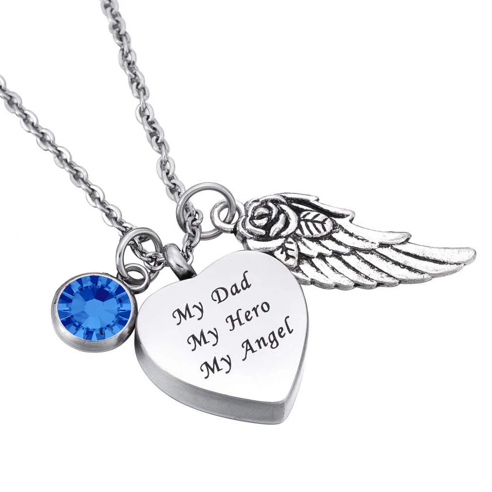 

Stainless Steel Cremation My Dad My hero My angel Heart Memorial birthstone Pendant Ashes Urn Necklace customized Name Engraved