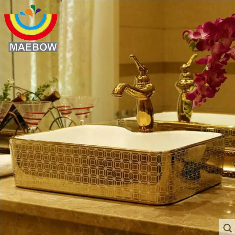 

Mosaic Gold Artistic Countertop Rectangular Wash Basin Single Hole Ceramic Bathroom Sink