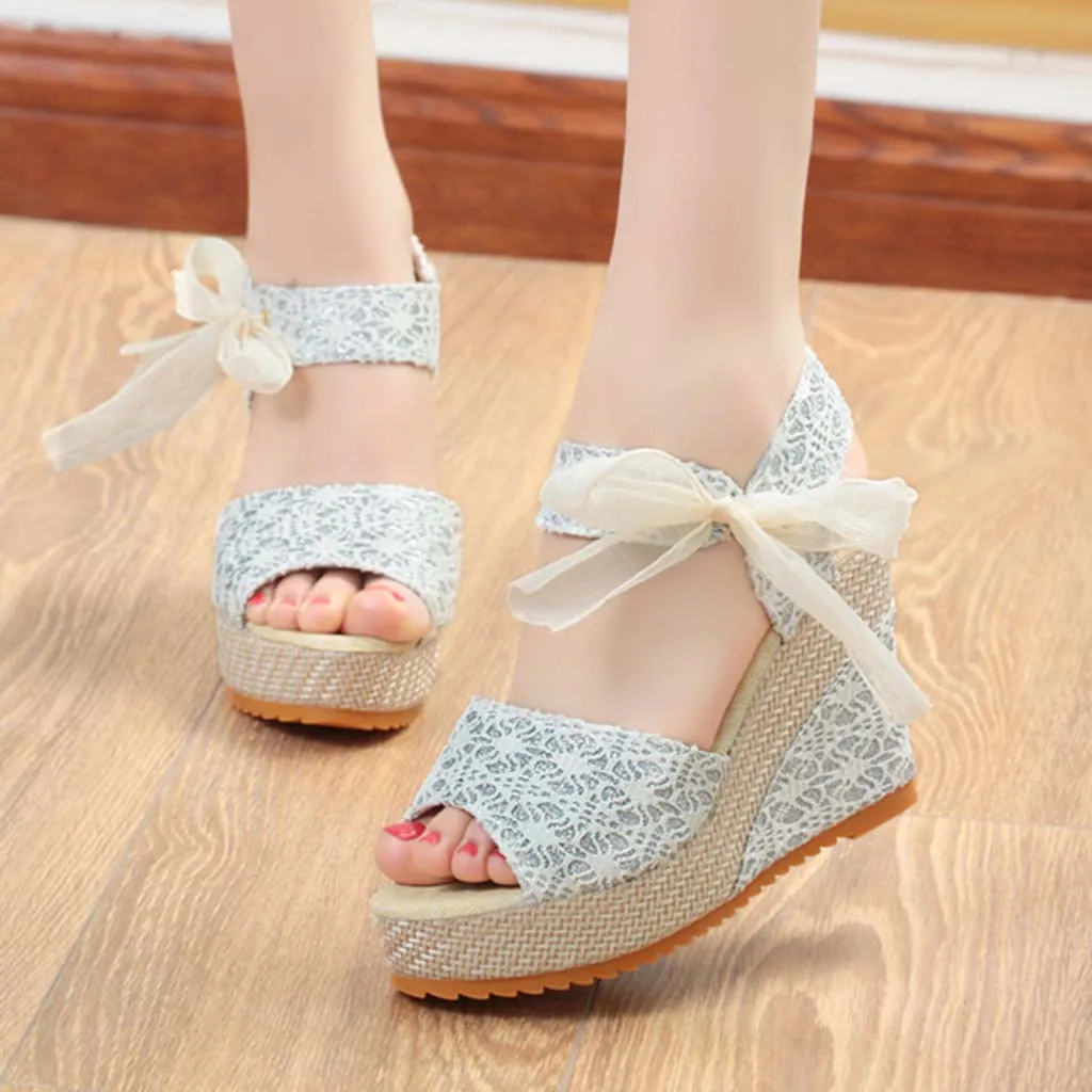 

Women's Shoes With Platform ThIck-Soled Scarf Bohemian Cloth Emboss Slope Wedges Lace Bow-Tied Peep Toe Shoes zapatos de mujer