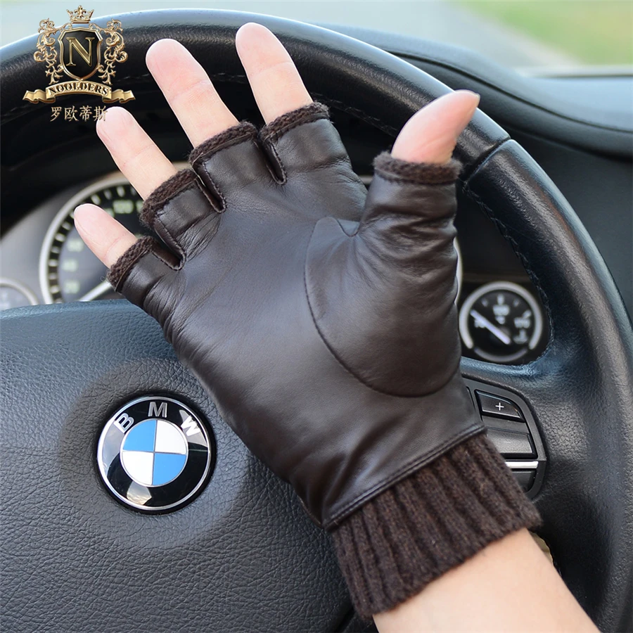 Fashionable Man Half Finger Sheepskin Gloves Autumn Winter
