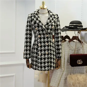 

Women Woolen Coat Spring Winter 2019 New Style V Collar Houndstooth Slim Coats Ladies Temperament Jacket Outwear Overcoat