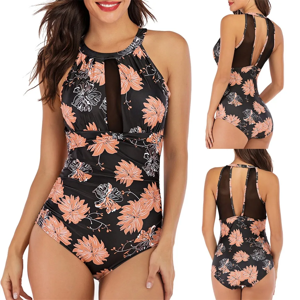 

Muliticolor Summer Bikini 2019 Women One Piece High Neck V-Neckline Mesh Ruched Swimwear Backless Swimsuit Drop shipping 30
