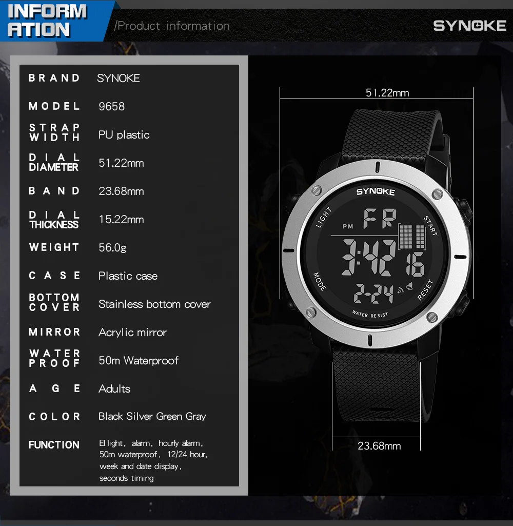 SYNOKE Sports Watch Men Digital Watches Waterproof Fashion Electronic Wristwatches Date Rubber Clock Black Military Watch