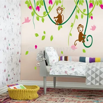 

LP Cartoon Dream Baby Monkey Wall Stickers Tree Wall Decals for Kids Rooms Home Decoration Nursery Monkey Birds Wallpaper AY9012