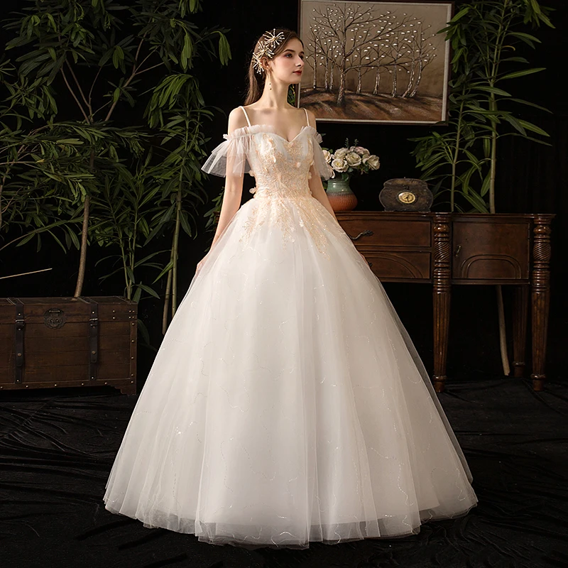 Mrs Win свадебное платье на тонких бретельках с кружевом шампанского, бальное платье принцессы с открытыми плечами, свадебное платье размера плюс X