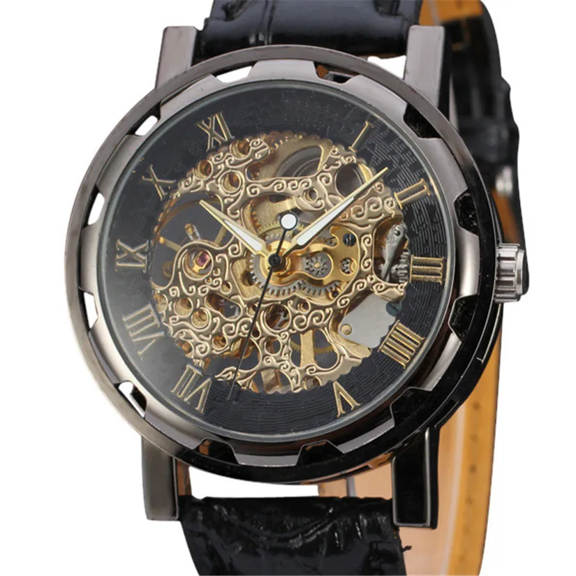 Perfect Gift Classic font b Men s b font Black Leather Dial Skeleton font b Mechanical