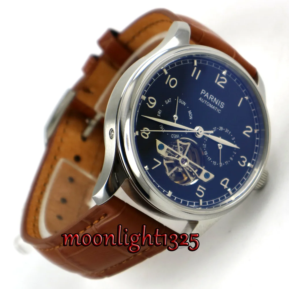 

43mm Parnis Black Dial Date Brown strap ST 2552 Automatic Movement Mens Watch