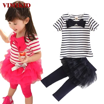 

VIMIKID 2pcs Outfit Baby Kid Girl Stripe Bow Tops Tee Shirt+Tulle Tutu Skirt Legging Set kids clothing Dirls clothes set k1