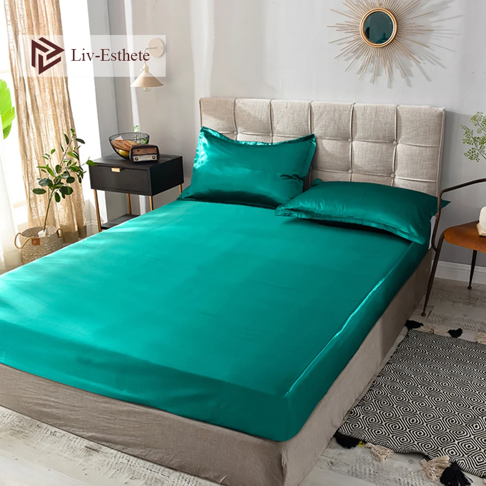 

Liv-Esthete Wholesale Luxury 100% Satin Silk Dark Green Fitted Sheet Silky Mattress Cover Queen King Bed Sheets For Women Men