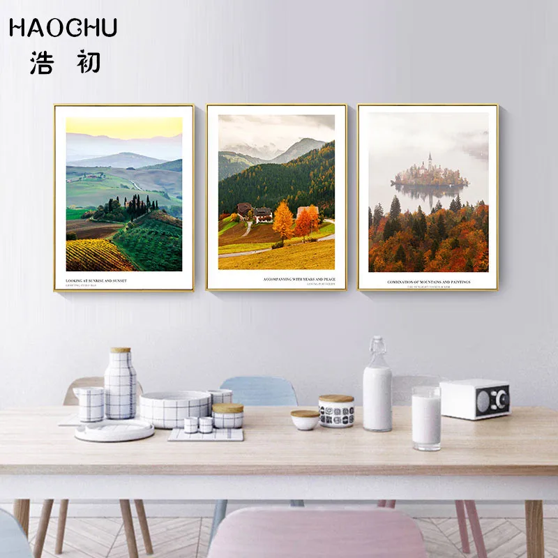 HAOCHU восход и закат пейзаж водный замок художественные плакаты сосна лес коттедж