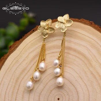 

GLSEEVO Natural Fresh Water Pearl Long Tassel Dangle Plant Leaves Earrings For Women Wedding Gift Handmade Luxury Jewelry GE0331