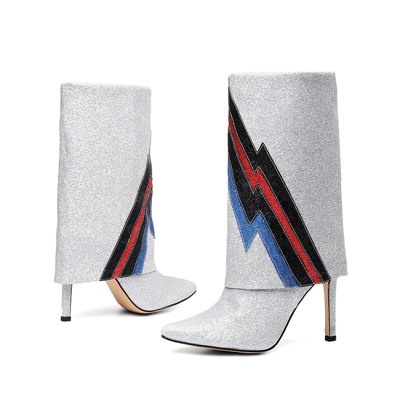 Hauts Tissu 2018 Bout Hiver Bling Chaussures Femme argent Bottes Femmes Mi Talons Silver mollet Wetkiss Glitter Boot Sequinted Pointu 5A3L4Rj