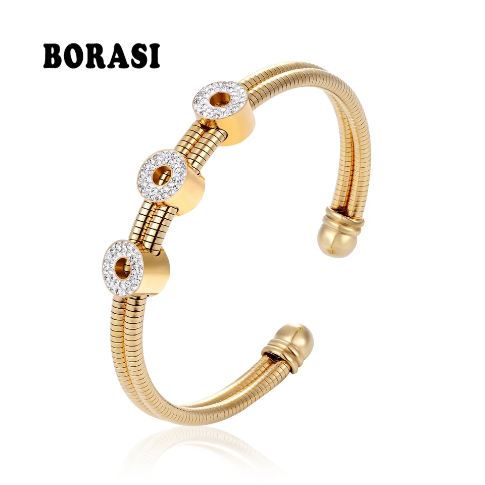 

BOBASI Three Crystal Round Circle Adjustable Stainless Steel Bracelets & Bangles Gold Color Fashion Bracelets Jewelry For Women