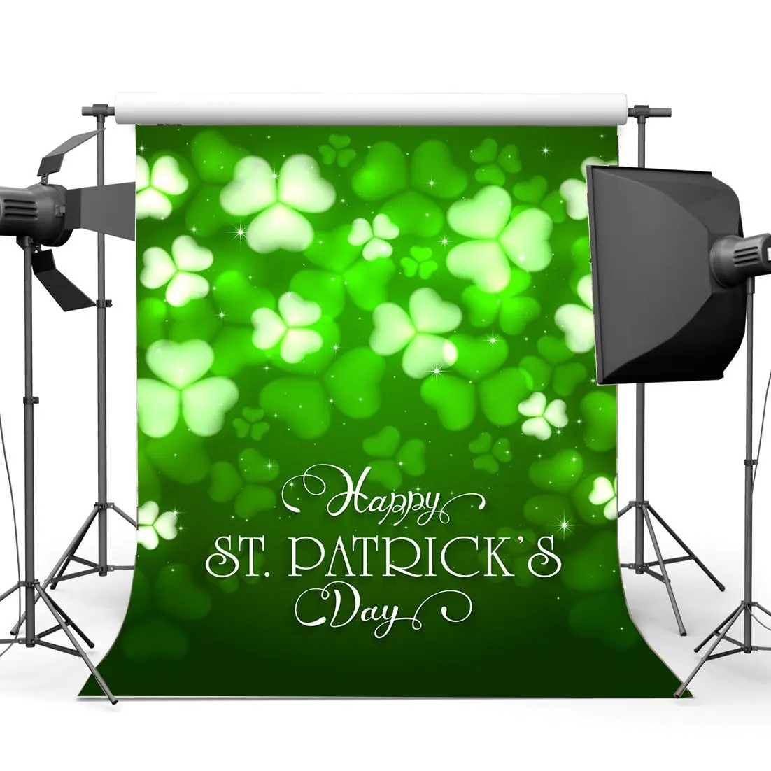 

Happy St.Patrick's Day Backdrop Lucky Irish Shamrock Green Four-leaf Clover Bokeh Glitter Leaves Spring Background