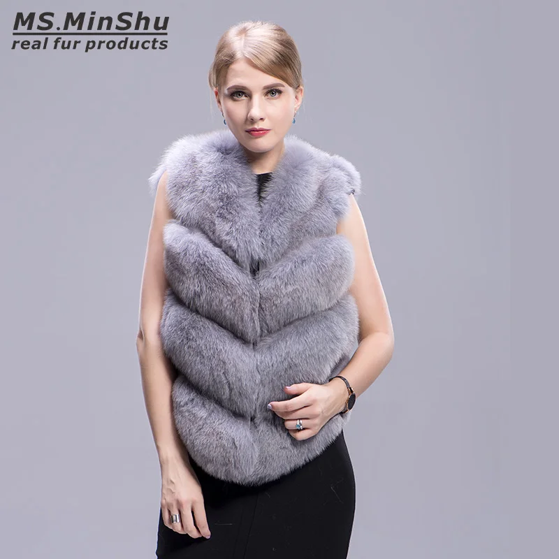 Ms De Femelle Gilet Renard Outwear Luxe Fourrure Minshu Sans Réel Naturelle Veste Manches Manteau Véritable grtRrY
