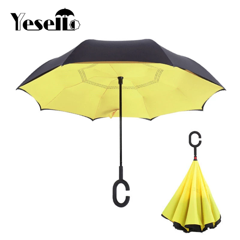 Yesello желтый складной двухслойный перевернутый зонт, самостоящий наизнанку, защита от дождя, длинные руки с-крючком для автомобиля