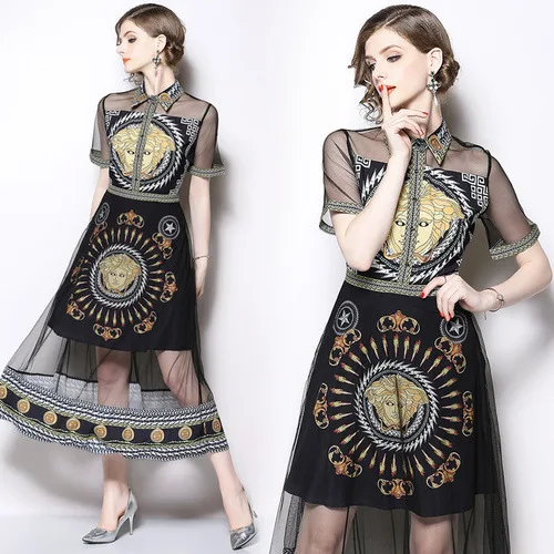 

Lace Mesh Summer Dress Embroidery Women Retro A-Line 2019 New Print Cartoon Office Lady Plus Size European Style Skinny Ddlg