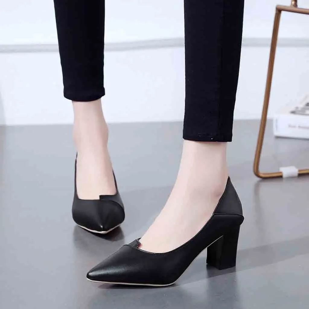 

Fashion women pumps comfortable thick with high heel leather temperament shallow mouth pointed hollow out single woman shoes