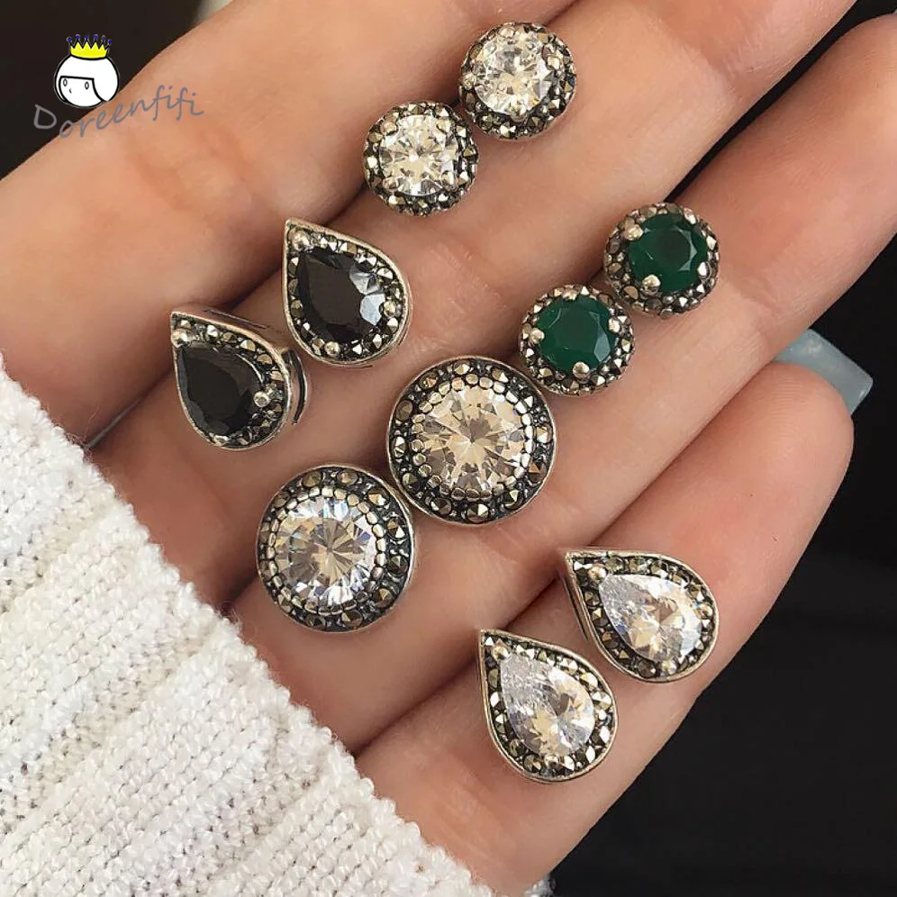 

Vintage 5pairs/set Black Opal Crystal Bohemian Stud Earrings Set Tibetan Silver Women Jewelry Indian Brincos Femme Aretes 2019
