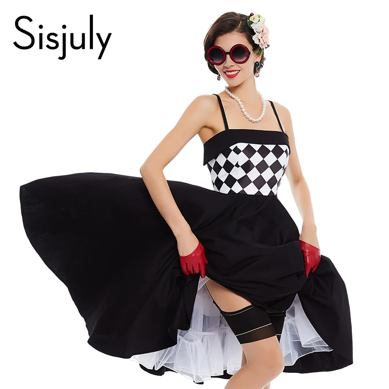 Sisjuly Women Vintage Dress Strapless Plaid Patchwork Sleeveless Black Pin Up Summer 1950s Style
