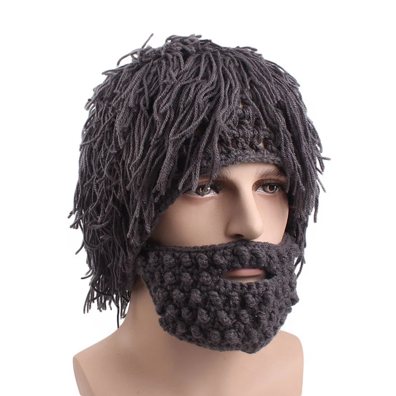 Halloween Cosplay Hat Men s Handmade Knit Viking Beard Horn Hat Funny 