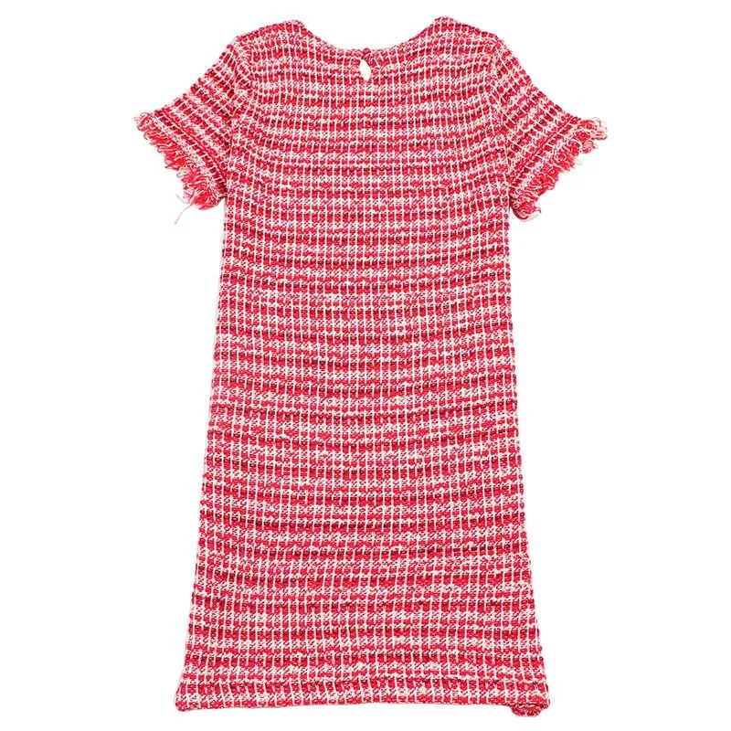 Women Knit Dress 2018 New Small Fragrance Fine Grain Contrast Color Tassel Round Neck Short Sleeve Double Pocket Knit Dress Dresses