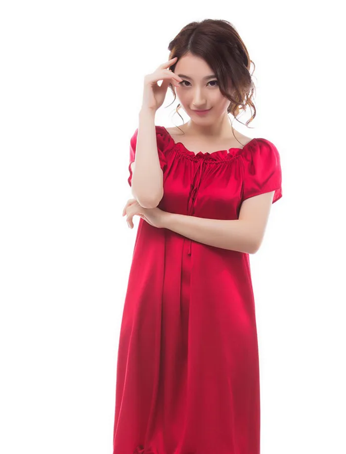 Новинка, ночная рубашка из чистого шелка, базовая ночная рубашка, мягкая одежда для сна, модное летнее платье для ухода за кожей, разноцветное - Цвет: red