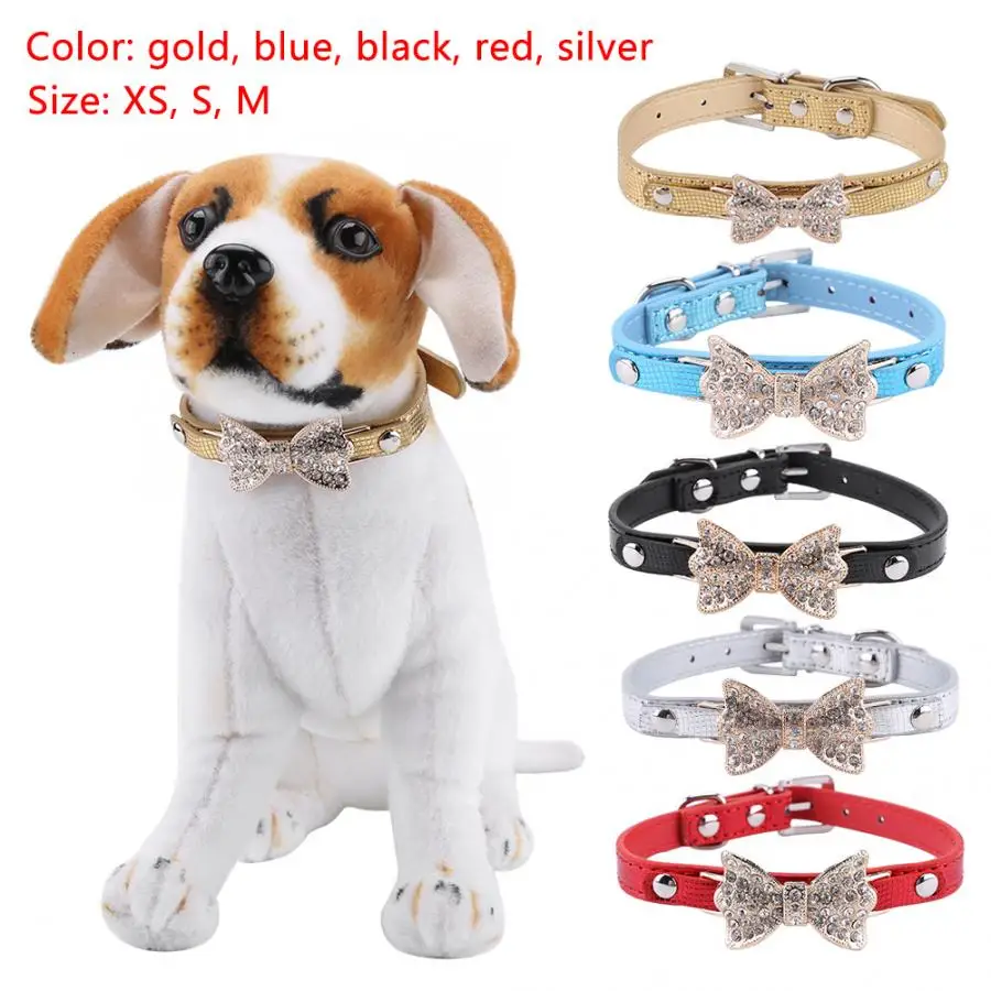 PU Leather Pet Dog Collar W// Crystal Bowknot Adjustable Puppy Dog Durable Black