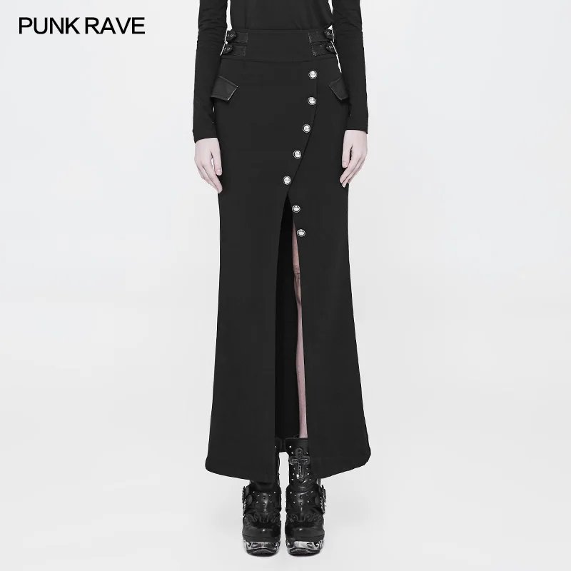 PUNK RAVE Vrouwen Punk Militaire Uniform Rok Party Casual Zwarte Vintage Split Vrouwen Rok Slim Fit Lange Half Rok PUNK RAVE Vrouwen Punk Militaire Uniform Rok Party Casual Zwarte Vintage Split Vrouwen Rok Slim Fit Lange Half Rok