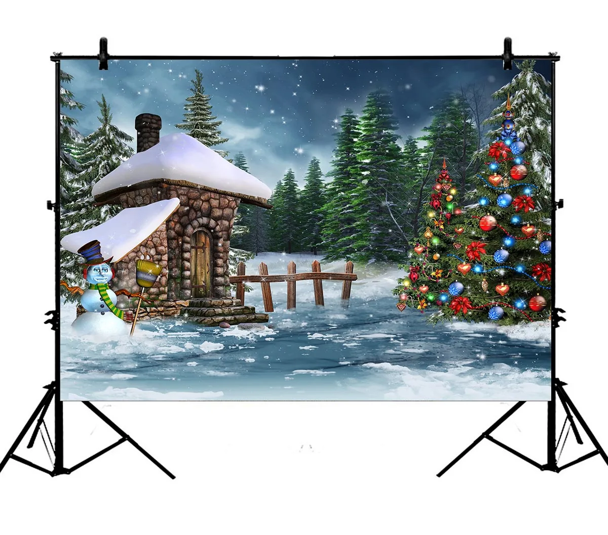 

5x7ft Christmas Tree Snowman Winter Snow Pine Fireplace Polyester Photo Background Portrait Backdrop