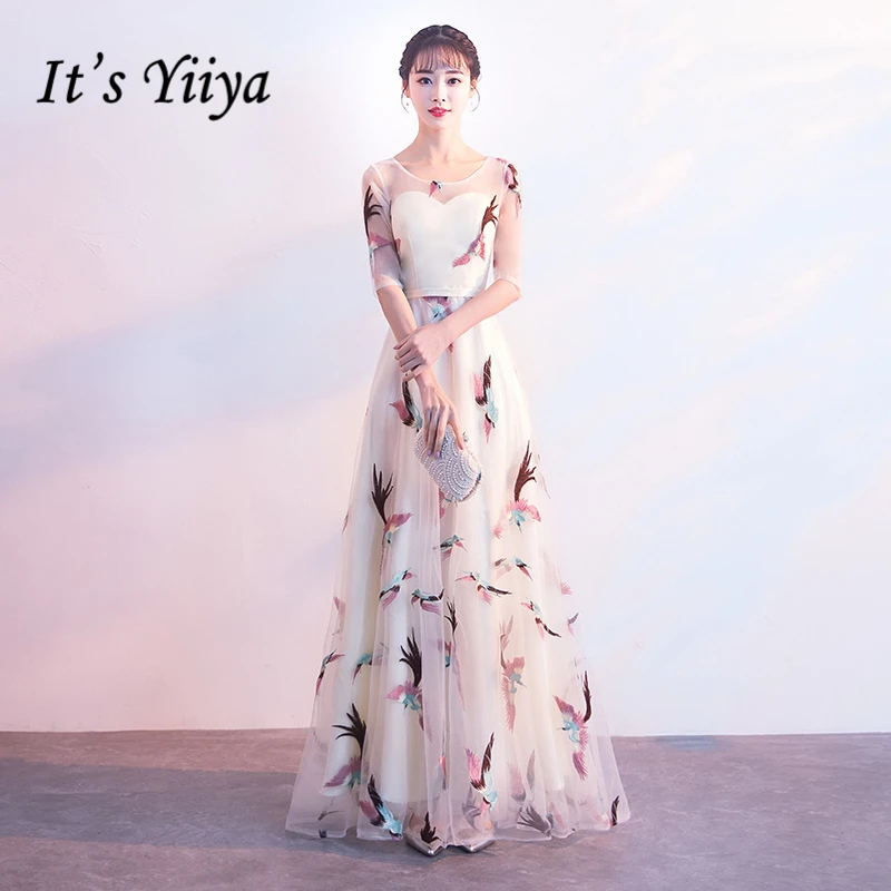 

It's YiiYa Evening Dress Embroidery Flowers Lace Floor-Length Formal Dresses O-neck Half Sleeve Ziiper Illusion Party Gown E421