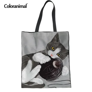 

Coloranimal Cute Cartoon Gray Cat Pattern Women Youth Girl Eco-friendly Handbags Casual Canvas Fabric for Female Shopping Pouch