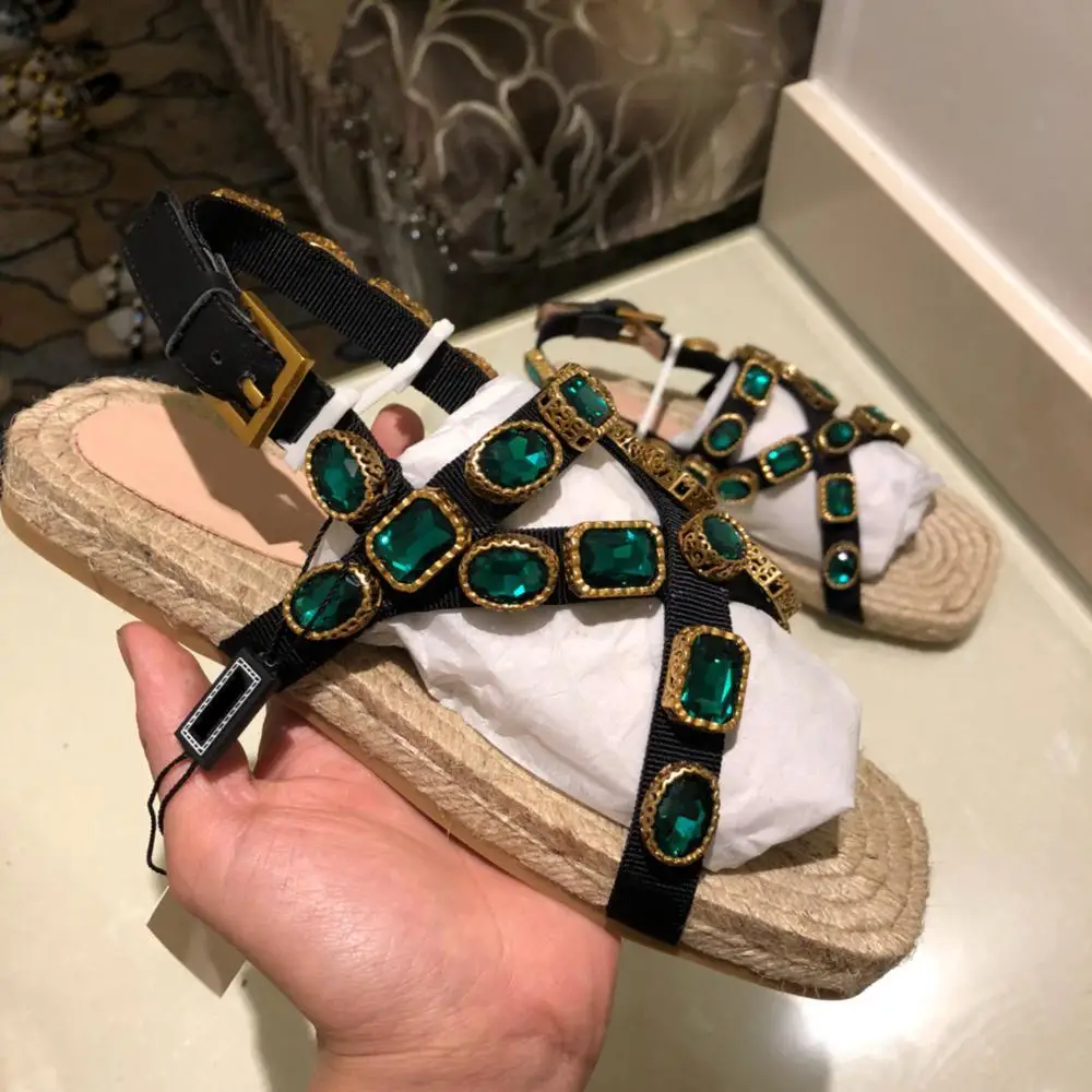 

New Fashion Summer Women Leisure Comfortable Sandals 2019 Outdoor Open-toed Slipper Hemp rope sole with Luxury Diamond Chain