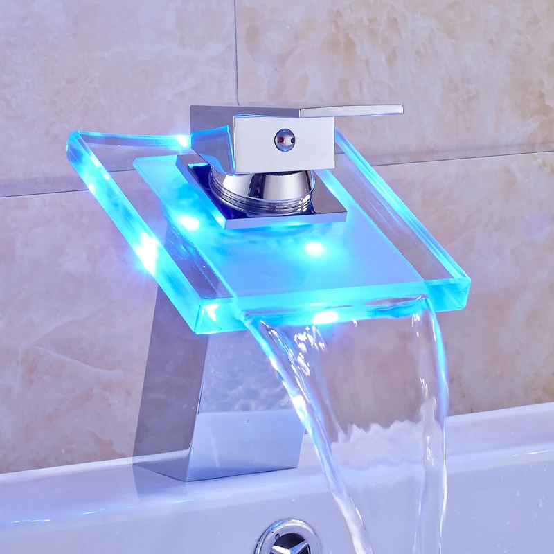 

Chrome Finish LED Light Waterfall Spout Bathroom Sink Faucet Single Handle Mixer Tap