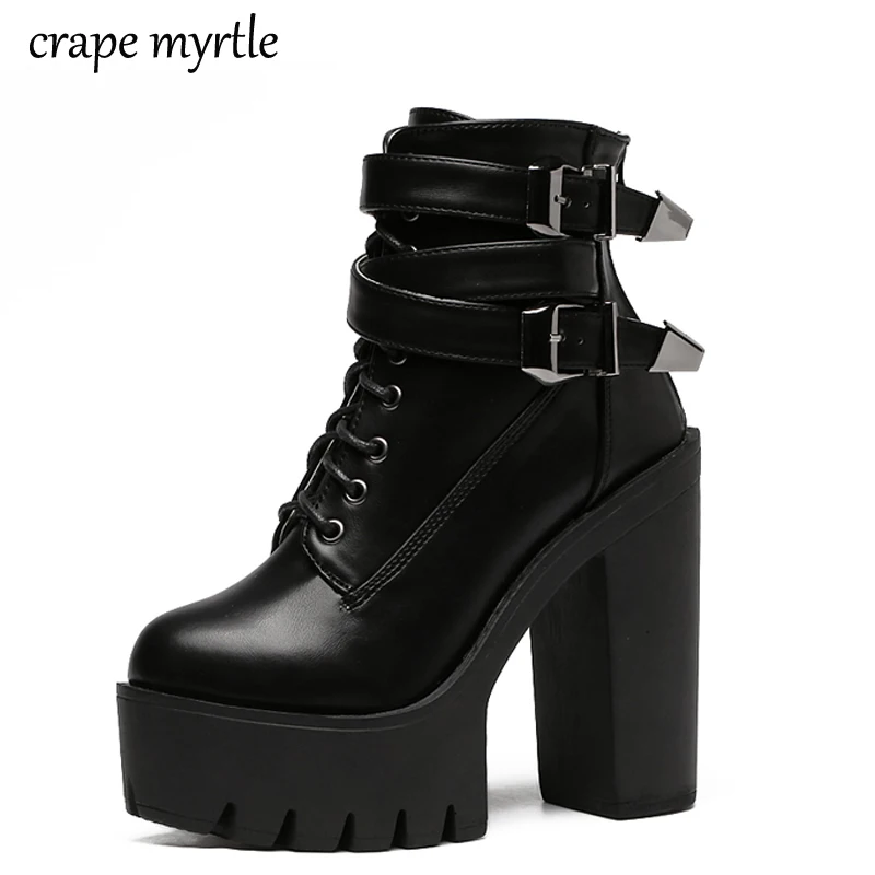 

2019 Autumn Fashion Women Boots High Heels Platform Buckle Lace Up Leather Short Booties Black Ladies Shoes Good Quality YMA522