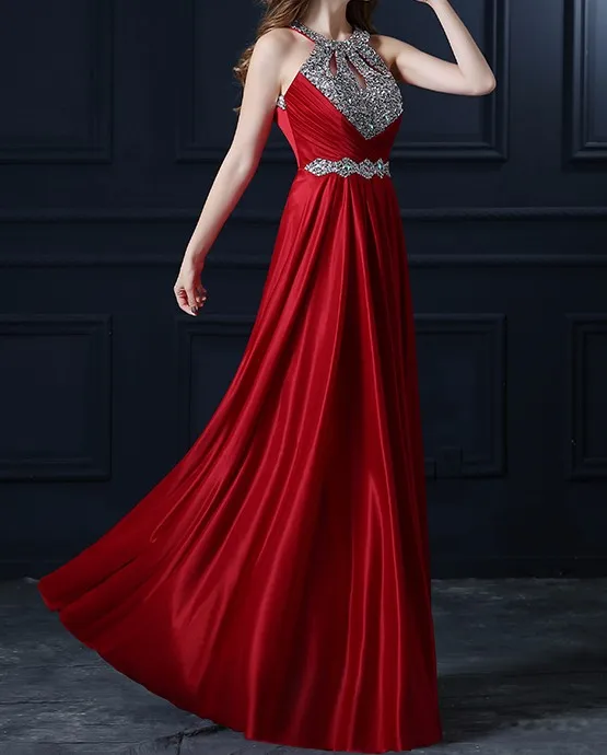 

Pluse Size Red Beading Pleat Silk Long Evening Dresses Backless Halter Formal Dress Silm Evening Party Dresses 2019