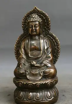 

6.3" Chinese Buddhism Bronze Shakyamuni Amitabha Buddha Sit Lotus Flower Statue