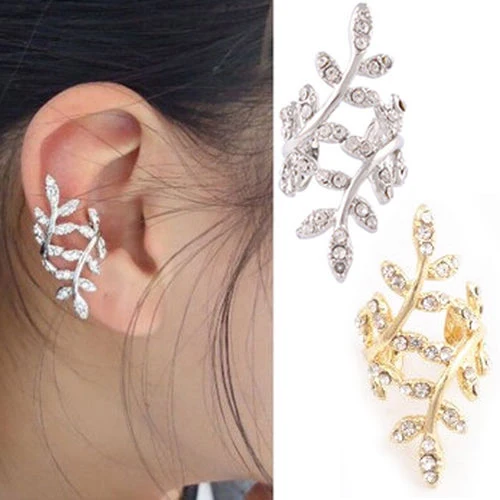 

1pc Punk Earring Crystal Rhinestone Leaf Ear Cuff Warp Clip On Stud Non-pierced Silver/Gold 2015 Hot Selling