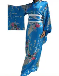 Светло-голубой традиционные японские Для женщин Шелковый кимоно юката с Оби Винтаж вечерние платье для выпускного вечера Танцы платье