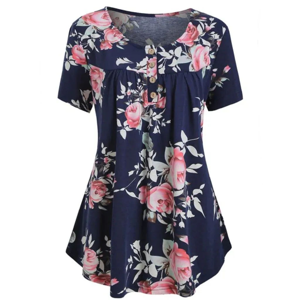 

Feitong Large Size Tunic Shirt Women Fashion Floral Short Sleeve Print Blouse Button Fashion V-Neck Tops Blouse camisa feminina