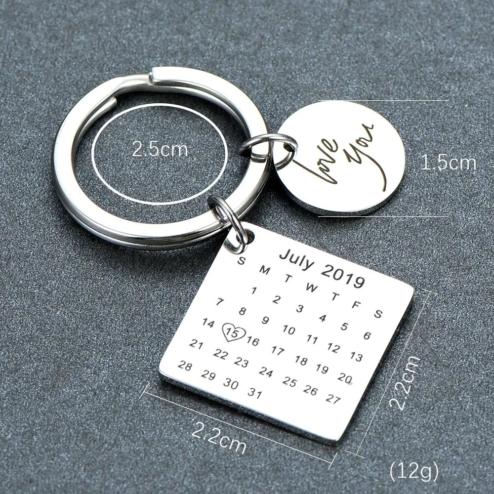 Prix Porte clés en acier inoxydable personnalisé calendrier porte clés sculpté à la main calendrier mis en évidence avec coeur Date porte clés privé personnalisé