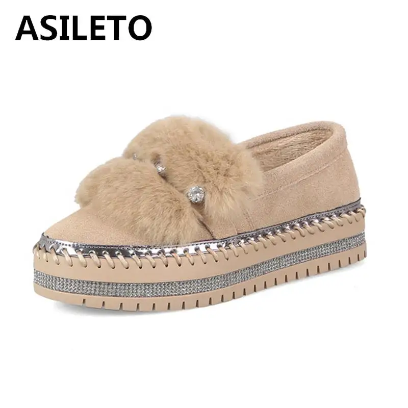 

ASILETO Brand Crystal Real Fur Women Shoes Autumn Winter Cow Suede Leather Flat Shoes High Quality Casual Women Flat shoes Cryst