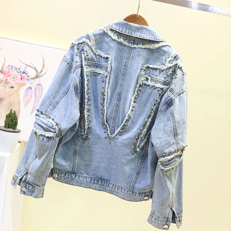 

Spring Autumn Rivet Denim Jacket Women Oversize Coat Hole Patch Jeans Jacket Basic Coat Women Harajuku Jacket Streetwear Outwear