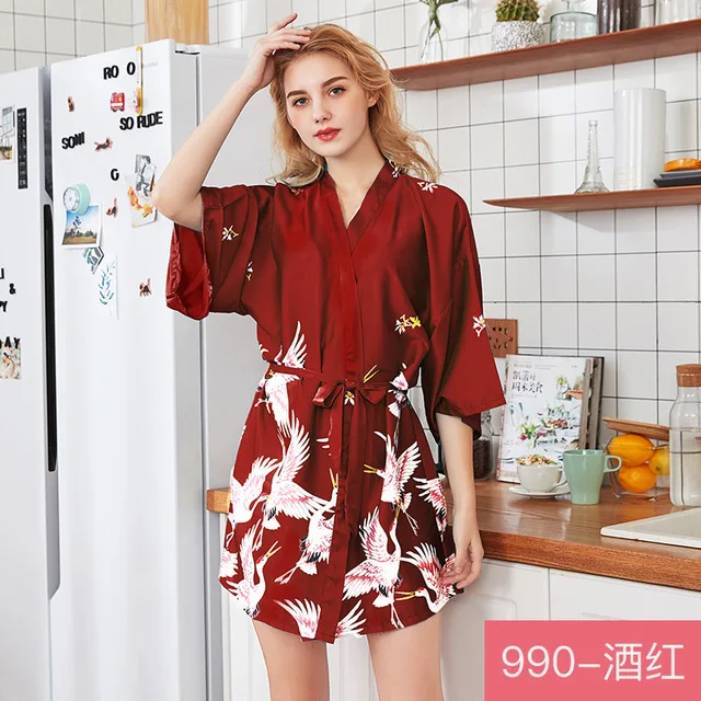 wine red short Модный женский летний халат мини-кимоно, женский халат из вискозы, ночная рубашка Yukata, ночная рубашка, ночная рубашка, Пижама, SizeS-3XL - Цвет: wine red short