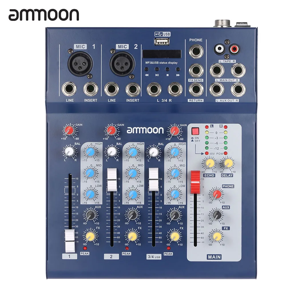 

ammoon F4-USB 3 Channel Digtal Mic Line Audio Mixing Mixer Console with 48V Phantom Power for Recording DJ Stage Karaoke