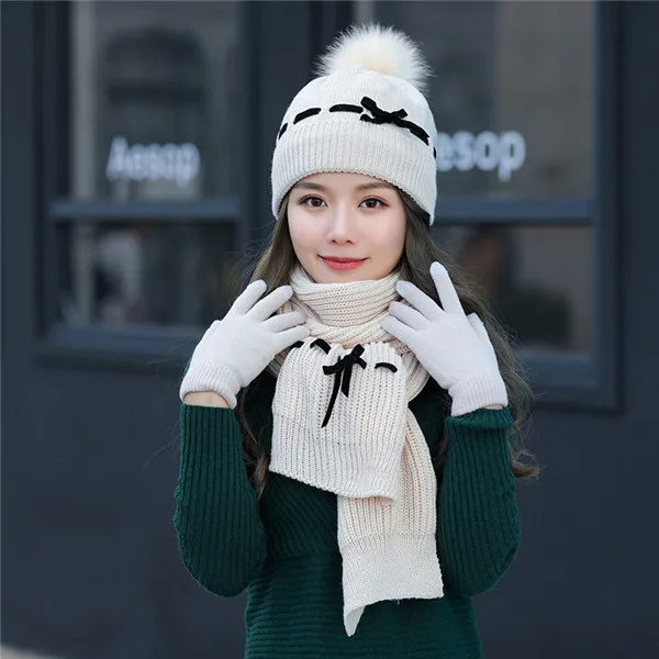 Женская зимняя мода Милая теплая вязаная шапка шарф перчатки трехсекционный набор шерстяной шарик шапочки аксессуары для воротника шапки - Цвет: 18